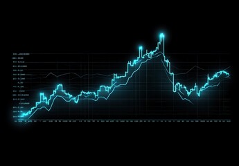 Blue stock market graph with an upward trend on a dark background. Financial chart, line and bar graphs for business or industrial data mockup design template vector illustration.