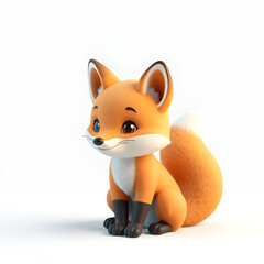 Obraz premium Fox – 3D baby fox, chubby body, big fluffy tail, light orange and pastel green tones, white background. Generative AI