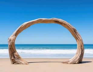 Fototapeta premium A natural wooden arch stands on a sandy beach, framing the ocean and clear blue sky, creating a serene, picturesque scene.