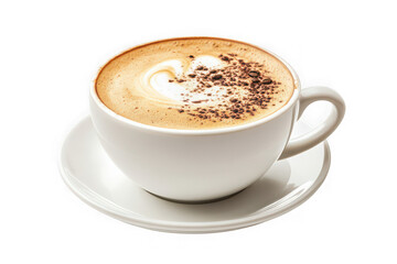 A heartwarming cup of cappuccino, adorned with a delicate heart-shaped latte art and a sprinkle of cocoa powder, inviting warmth and comfort in a bright white mug.