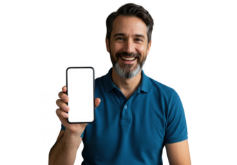 Man smiling and holding a blank screen mobile device up