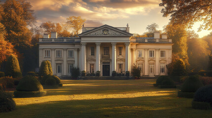 Elegant manor in English countryside surrounded by autumn trees