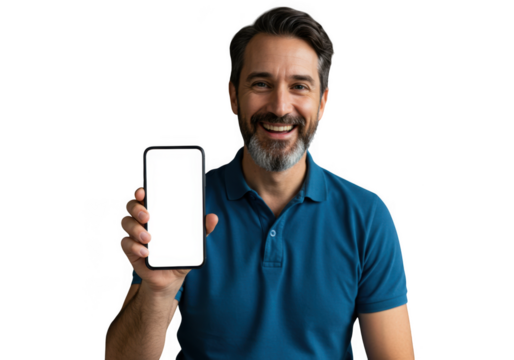 Man smiling and holding a blank screen mobile device up