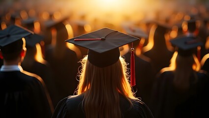 Graduates at Sunset Ceremony with Caps and Gowns