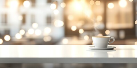 Blurred office background with a laptop and coffee cup on a white table, soft focus, copy space concept. Simple interior design of a modern home or work space for a web banner, poster, flyer