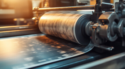 Fototapeta premium Industrial printing press in action, Polygraphic process in a printing, producing newspapers sheets with precision and speed, Factory printing press