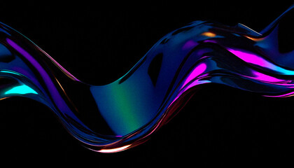 Neon holographic fluid wave on black background. Abstract iridescent silk texture with glossy highlights and vibrant flowing curves in motion. Futuristic colorful liquid design