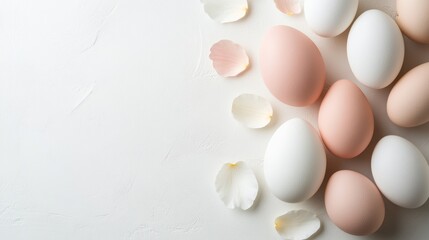 Collection of pastel colored eggs with delicate flower petals on a textured white surface during springtime celebration