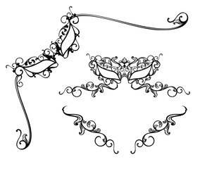black and white vector corner frame border design set of elegant calligraphic decorative elements with carnival theater masks