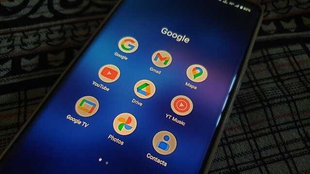New Delhi, India - March 27 2025: Google all popular apps on smartphone screen, google search, gmail, youtube, tv, drive, assistant, google maps.
