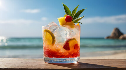 Exotic Fruit Cocktail Served on a Sandy Beach with Ocean View