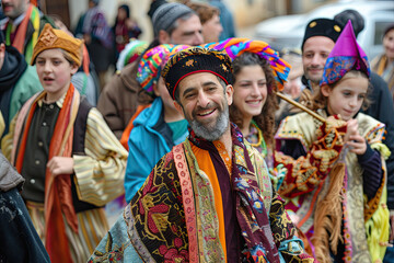 Fototapeta premium Purim celebration , people celebrating with music and dancing, a Purim celebration