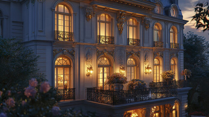 Fototapeta premium Elegant French neoclassical home with gold accents at dusk