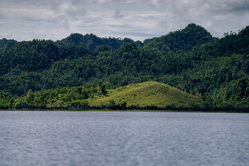 Fototapeta premium Green forest-covered hills rise over tranquil waters beneath a cloudy sky