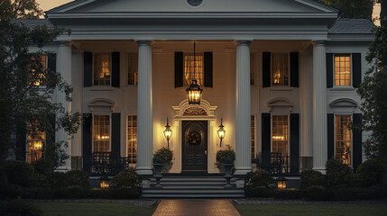 Obraz premium grand Greek Revival house with illuminated columns at dusk