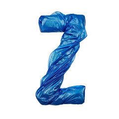 Naklejka premium Letter Z made of crumpled blue plastic bags has a glossy look. Its inflated shape mimics recycled waste, symbolizing environmental awareness, recycling, and sustainable typography