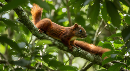 Fototapeta premium Jenkin's Squirrel relaxing on a tree branch amidst lush foliage, wildlife scenery