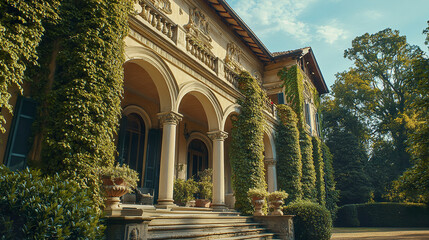 Elegant Italianate villa with ivy covered arches and lush garden