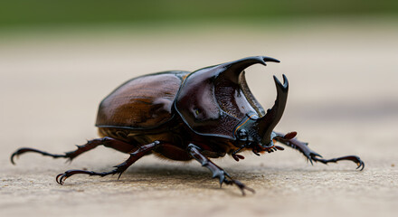 Majestic rhinoceros beetle poised confidently showcasing nature's unique armor