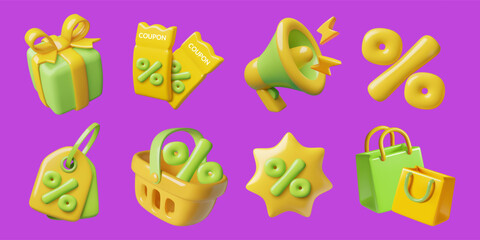 3d shopping icons set. Sale coupons, megaphone, supermarket basket, shopping bag, gift box, price tags, percentage yellow and green three dimensional vector illustrations collection.