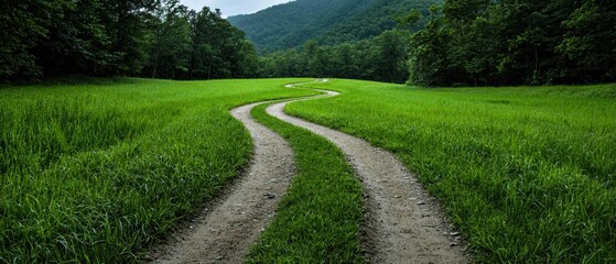 A winding dirt path through a lush green field.