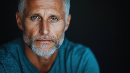 A striking portrait of a senior man with gray hair and a beard, showcasing deep blue eyes that draw attention and evoke wisdom and experience.
