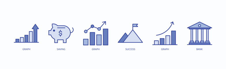Growth Icon Set Isolated Vector With Icon Of Graph, Saving, Graph, Success, Graph, Bank In Blue Style