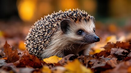 Cute hedgehog sitting amongst fall leaves, looking to the right side. Perfect for autumn, nature, or wildlife related content.