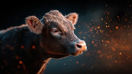 Fototapeta premium A close-up portrait of a cow with a striking gaze and captivating background, highlighting the beauty of livestock and evoking emotions of curiosity and contemplation.