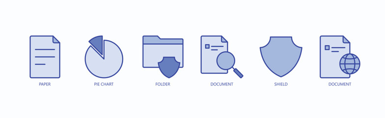 Essential Icon Set Isolated Vector With Icon Of Paper, Pie Chart, Folder, Document, Shield, Document In Blue Style