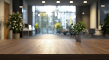 Modern Office Interior with Wooden Tabletop and Plant