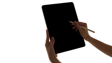 Person using stylus on tablet with dark screen isolated on white background. Ads of gadgets,...
