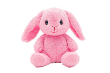 Pink plush bunny toy with floppy ears and cute expression, cut out