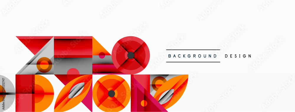 Poster Geometric abstract composition with intersecting shapes, circles, triangles, and gradients, blending vibrant colors and dynamic contrasts to create a modern, futuristic visual design
