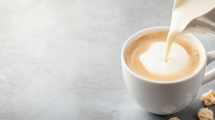 A smooth, creamy liquid is being poured into a latte cup, creating beautiful swirls and showcasing the delightful blend of coffee and milk that many enjoy daily.