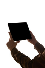 Person holding modern tablet with blank black screen isolated on white studio background. Add interface mockups, website design, gaming, presentation, device ads, education