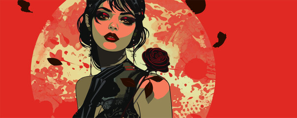 Fototapeta premium Gothic vampire woman with wine, dark hair, red lips, piercing eyes, cartoon art.