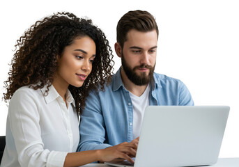 Two individuals looking at a laptop computer together now on a transparent background