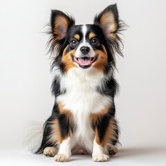 Portrait of a Smiling Black and White Dog Sitting Against White Background and Exhibiting Pixelation Artifacts