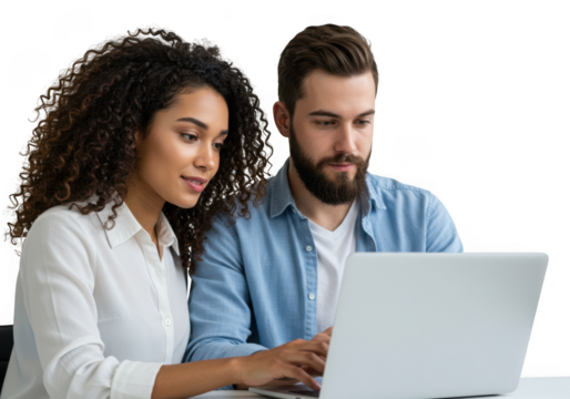 Two individuals looking at a laptop computer together now on a transparent background