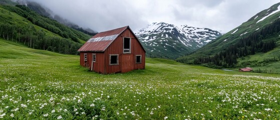 A red barn with a corrugated metal roof sits in a green field, with a mountain range in the background.
