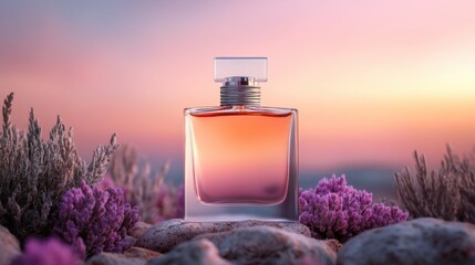 A classic glass perfume bottle stands proudly in a vibrant sunset setting, symbolizing beauty, warmth, and the essence of life's fleeting moments in an artistic way.