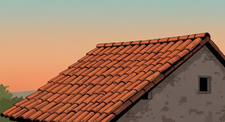 Naklejka premium Rustic terracotta roof glows softly under warm evening light. AI Generated