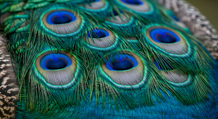 Fototapeta premium Elegant Peacock Feather Display: Captivating iridescent plumage and patterns