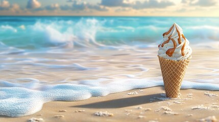 Ice cream cone with caramel sauce on sand near foamy ocean water. Use this fun image for summer, vacations, or a sweet treat advertisement.