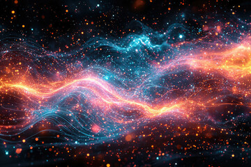 Abstract cosmic artwork depicting vibrant, flowing energy streams of blue and orange, interspersed with glittering particles.