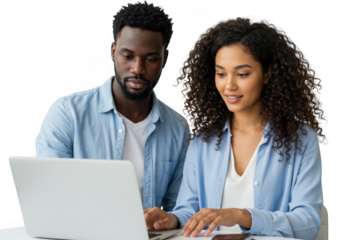 Couple looking at a laptop screen together indoors closely
