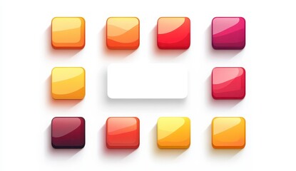 Group of Pixelated Square Buttons in Shades of Orange Red and Purple with Soft Shadowing on a White Background
