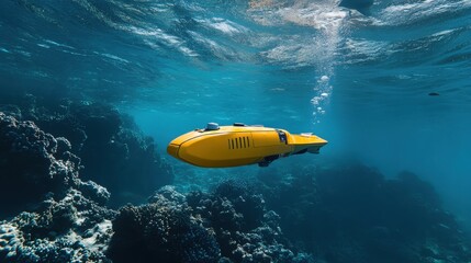 An AI powered autonomous underwater drone, surveying marine life and ocean conditions for environmental research, Marine tech style