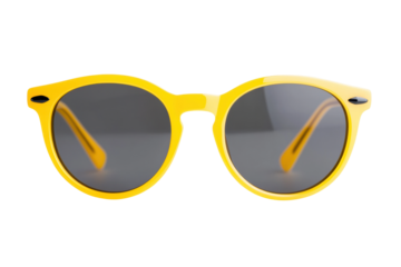 Yellow round sunglasses with black lenses on a gray background, cut out